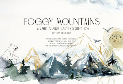 Foggy Mountains And Forest Watercolor Collection - Artixty