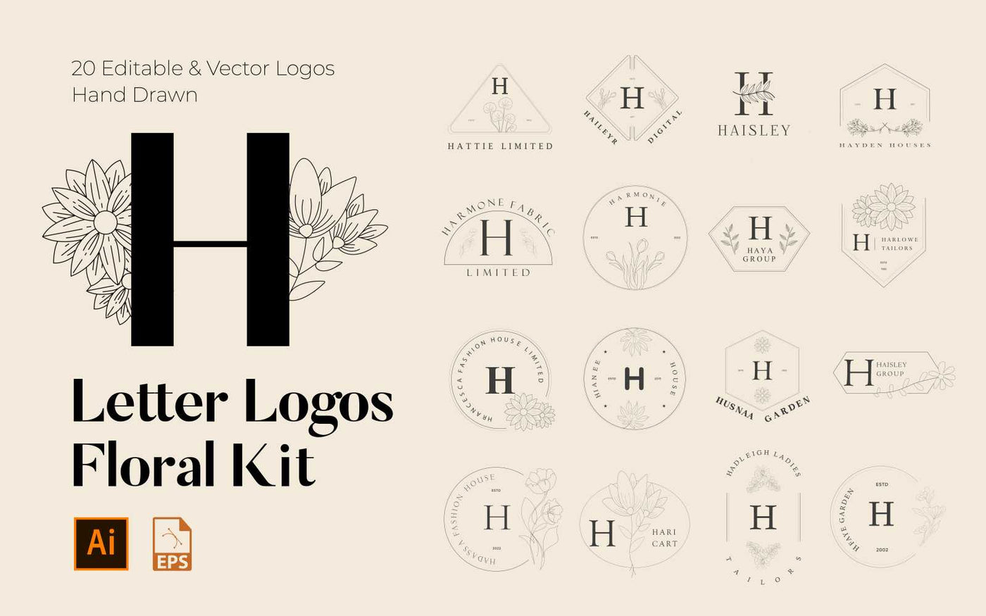 520 A to Z Floral Handmade Logos Bundle