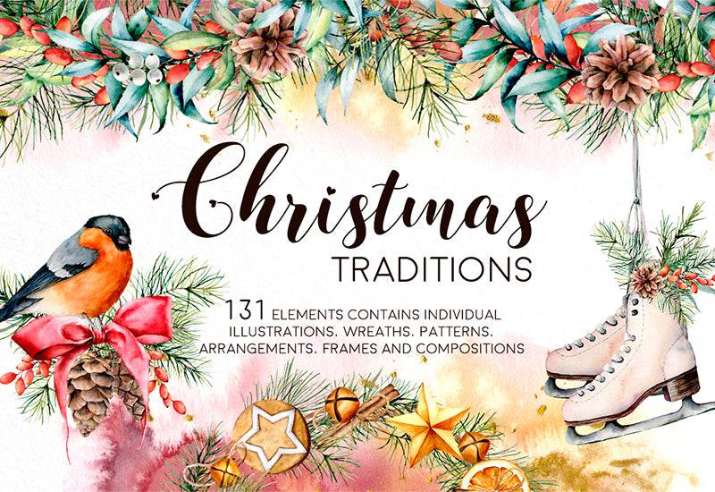 Christmas Traditions Watercolor Design Bundle - Artixty