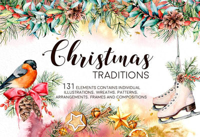 Christmas Traditions Watercolor Design Bundle - Artixty