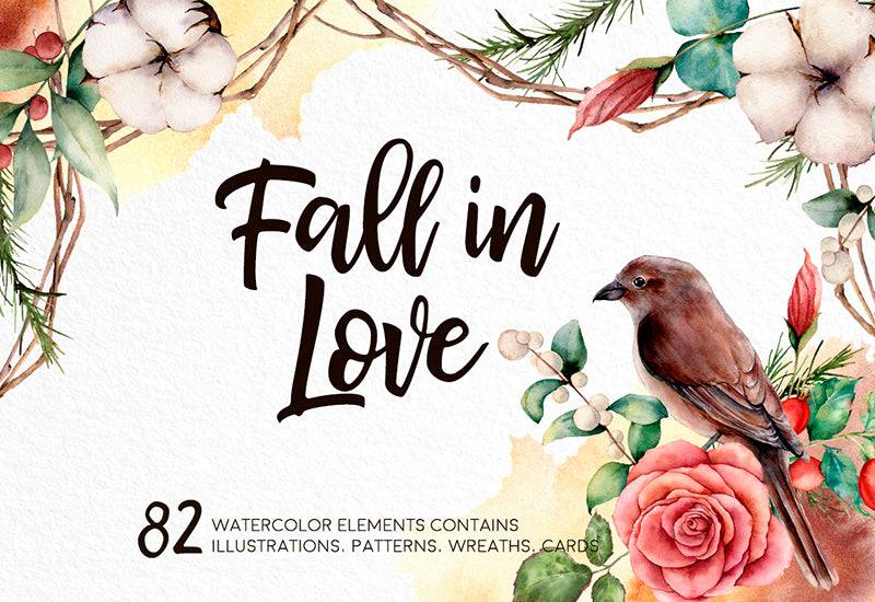 Fall In Love Watercolor Design Bundle - Artixty