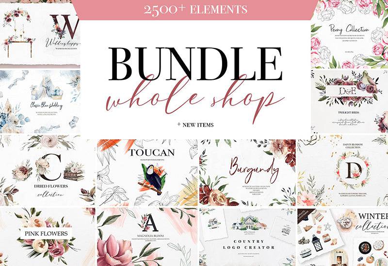 The Whole Shop Watercolor Bundle - 2500+ Elements - Artixty