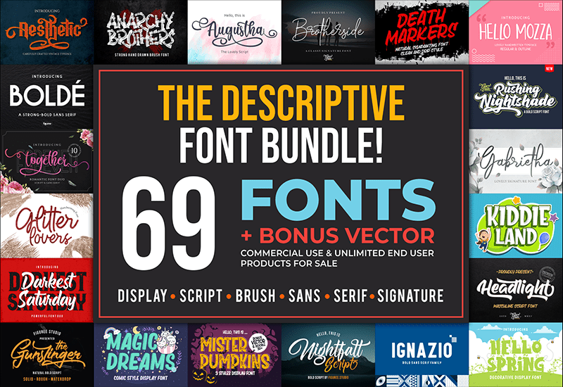 The Descriptive Font Bundle - 69 Fonts and Bonus Vectors | Artixty
