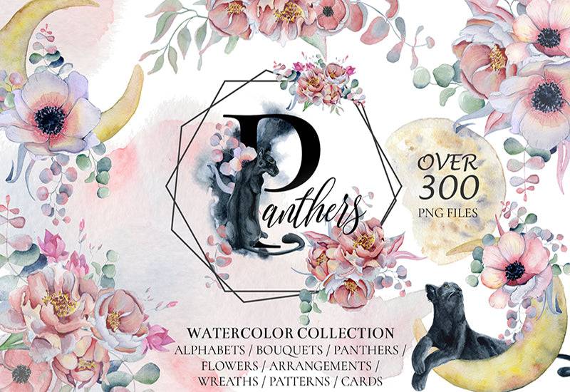 Panthers & Floral Watercolor Illustration Set - Artixty