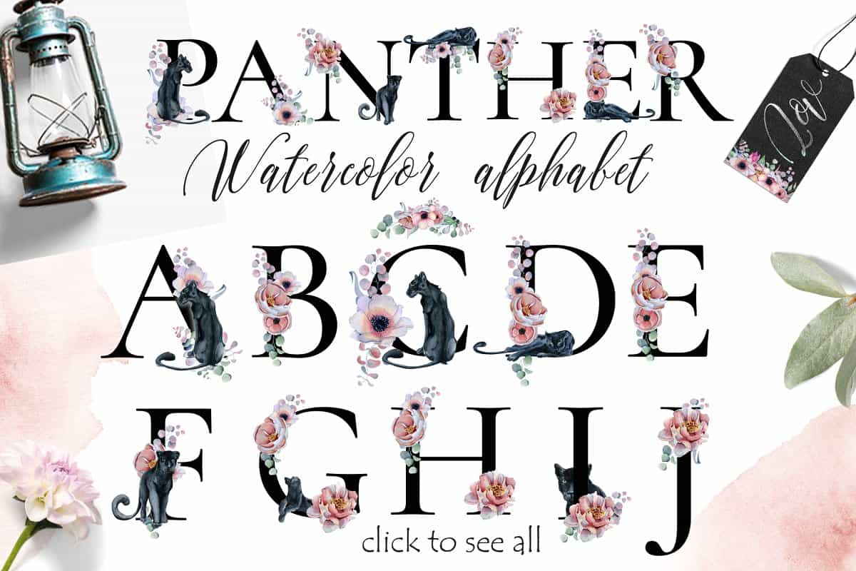 Panthers & Floral Watercolor Illustration Set - Artixty