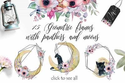 Panthers & Floral Watercolor Illustration Set - Artixty