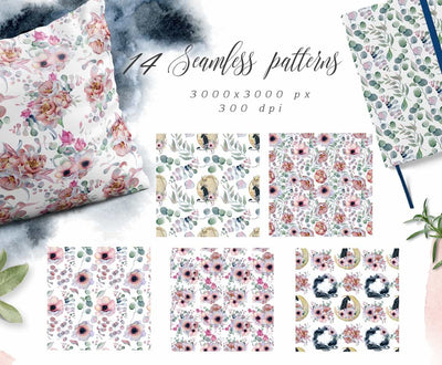 Panthers & Floral Watercolor Illustration Set - Artixty
