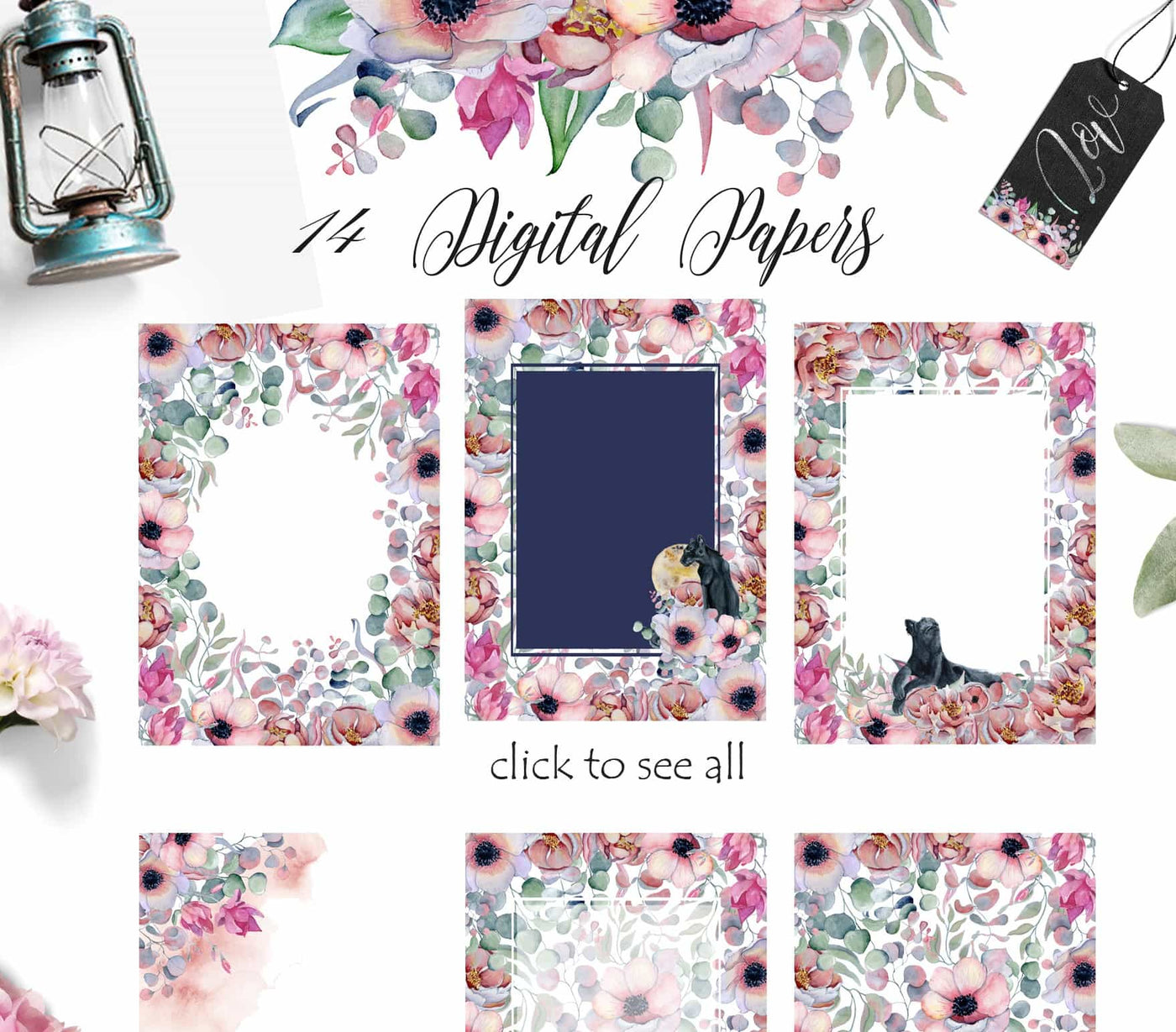 Panthers & Floral Watercolor Illustration Set - Artixty