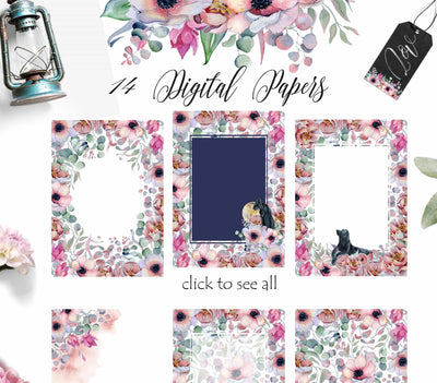 Panthers & Floral Watercolor Illustration Set - Artixty