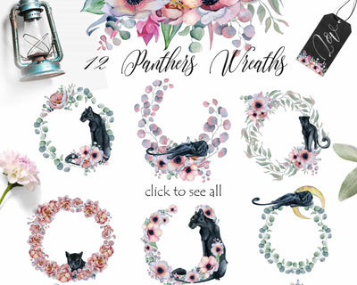 Panthers & Floral Watercolor Illustration Set - Artixty