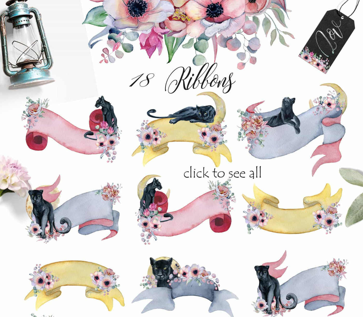 Panthers & Floral Watercolor Illustration Set - Artixty