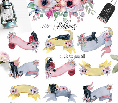 Panthers & Floral Watercolor Illustration Set - Artixty