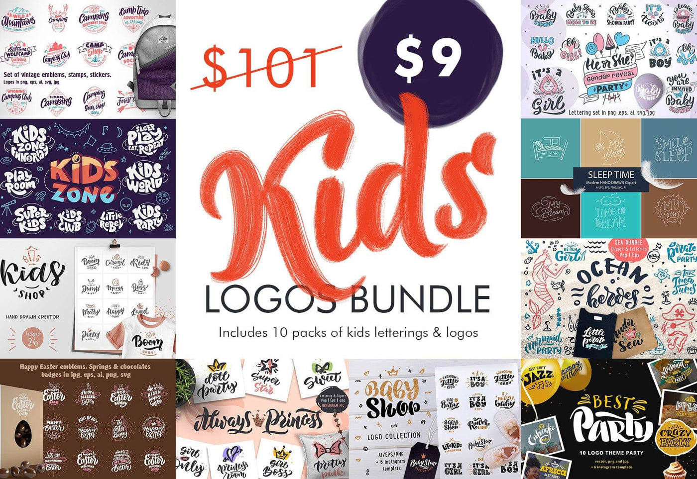1700+ Fashionable Logos Lettering Bundle For Kids - Artixty