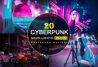 20-In-1 Cyberpunk Neon Lights Photoshop Actions Bundle - Artixty