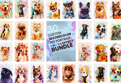 30 Custom Watercolor Pet Portrait Photo Effects Bundle - Artixty