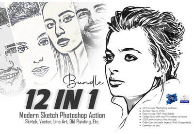 12-in-1 Modern Sketch Photoshop Actions Bundle - Artixty