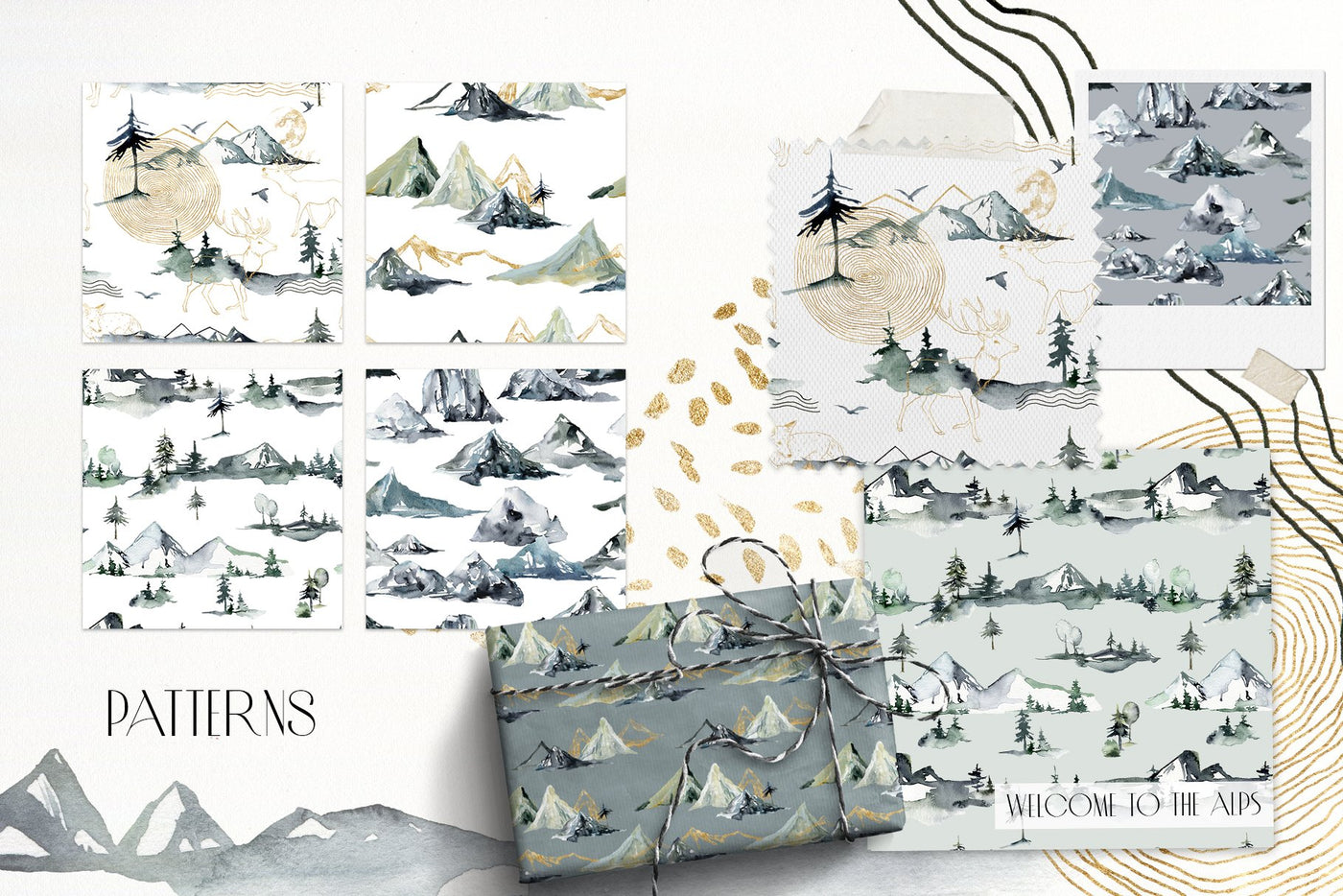 Foggy Mountains And Forest Watercolor Collection - Artixty