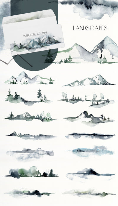 Foggy Mountains And Forest Watercolor Collection - Artixty