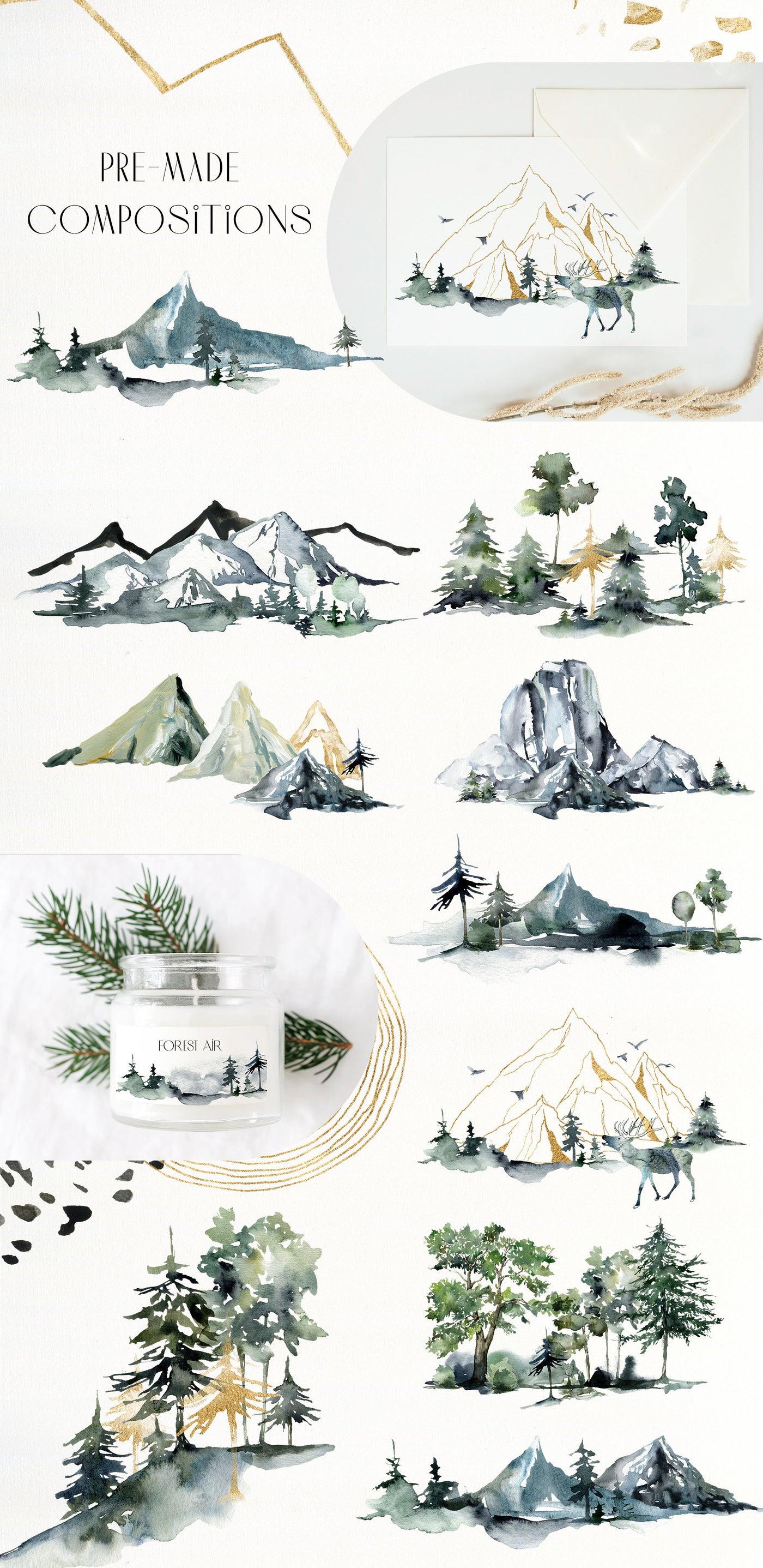 Foggy Mountains And Forest Watercolor Collection - Artixty