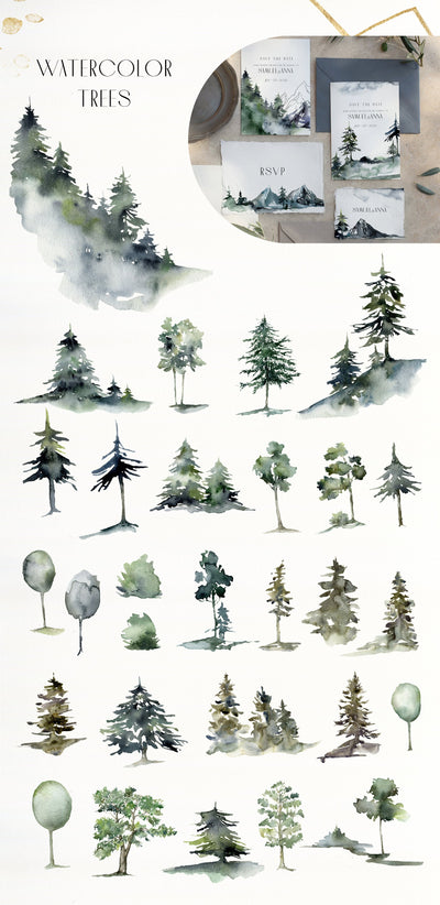 Foggy Mountains And Forest Watercolor Collection - Artixty