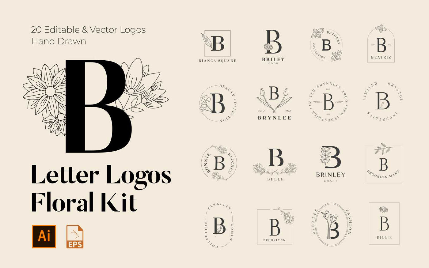 520 A to Z Floral Handmade Logos Bundle