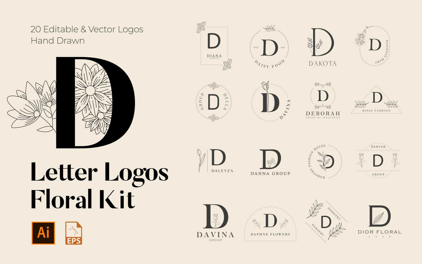 520 A to Z Floral Handmade Logos Bundle