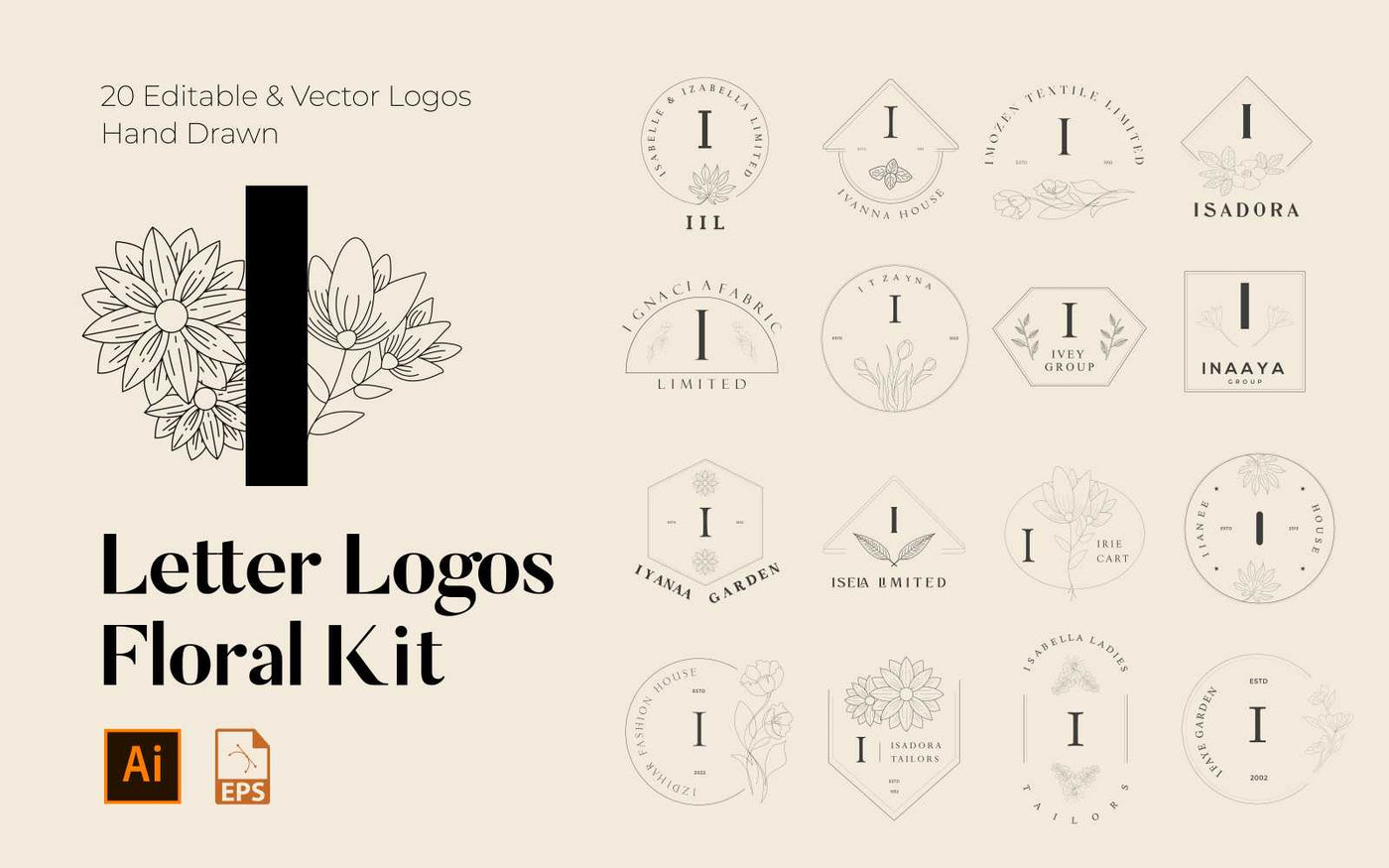 520 A to Z Floral Handmade Logos Bundle