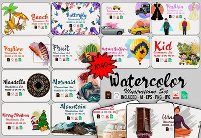 1040+ Amazing Watercolor Illustrations Bundle - Artixty