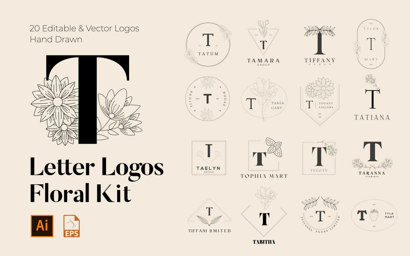 520 A to Z Floral Handmade Logos Bundle