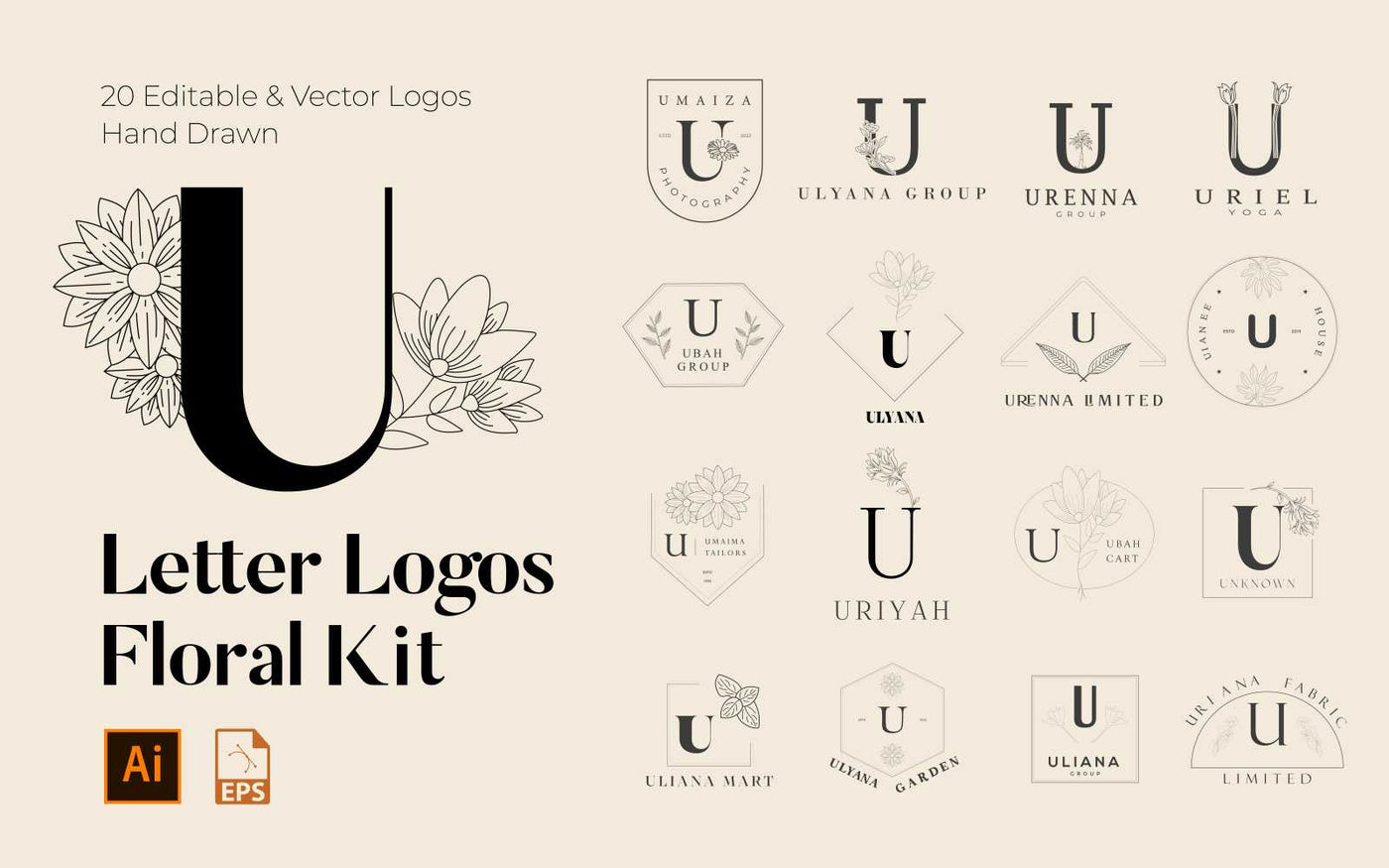 520 A to Z Floral Handmade Logos Bundle