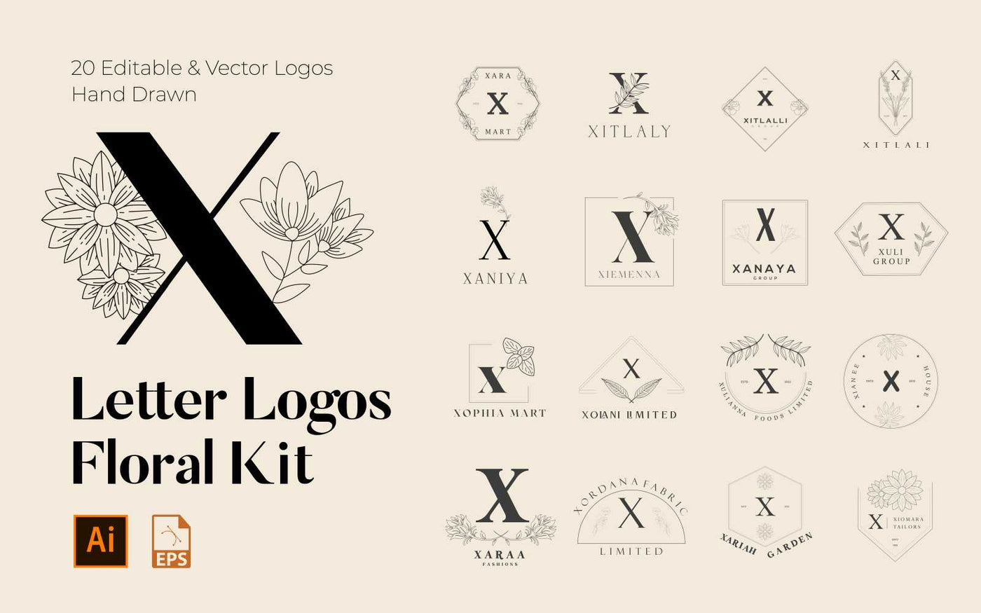 520 A to Z Floral Handmade Logos Bundle