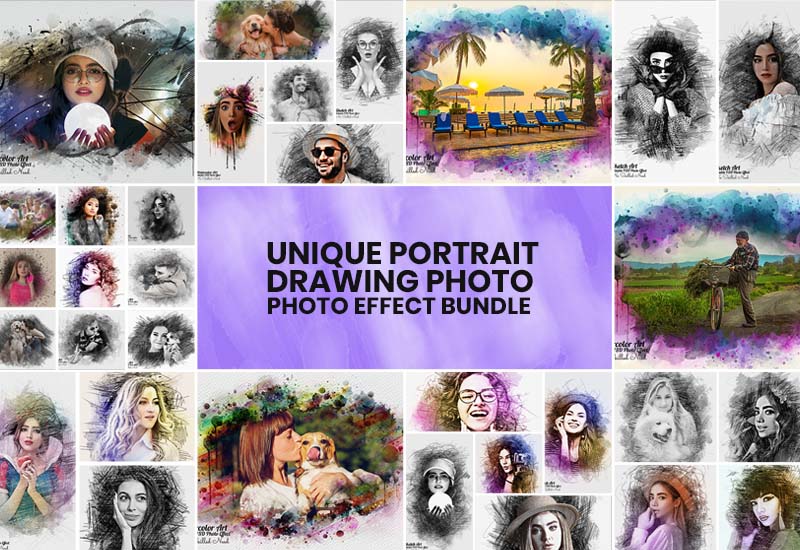 32 Unique Portrait Drawing Photo Effects Bundle - Artixty