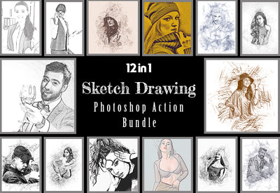 12 Sketch Drawing Photoshop Actions Bundle - Artixty