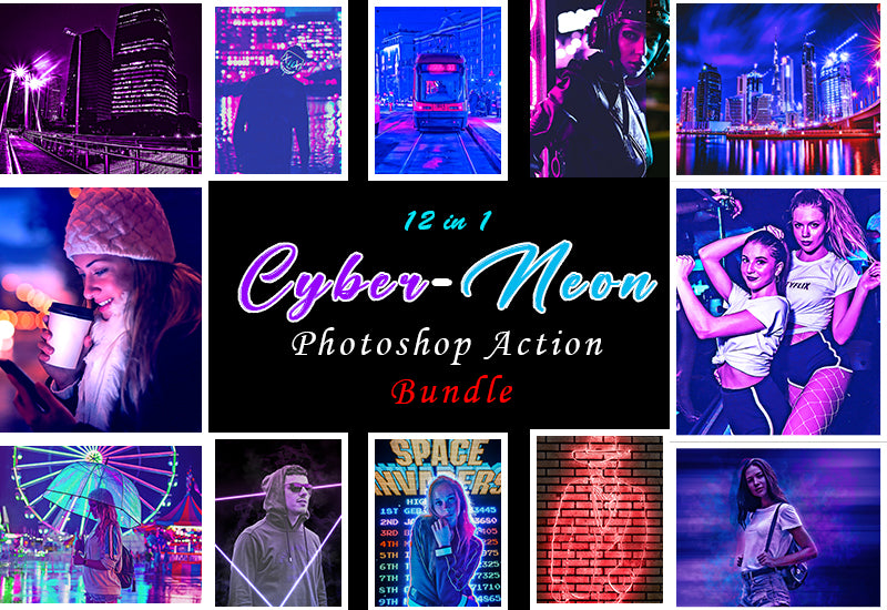 12-In-1 Cyber Neon Photoshop Actions Bundle - Artixty