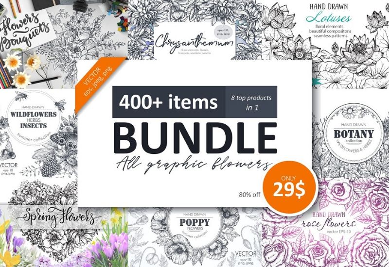 The Large Vector Flowers Bundle - 400+ Design Elements - Artixty